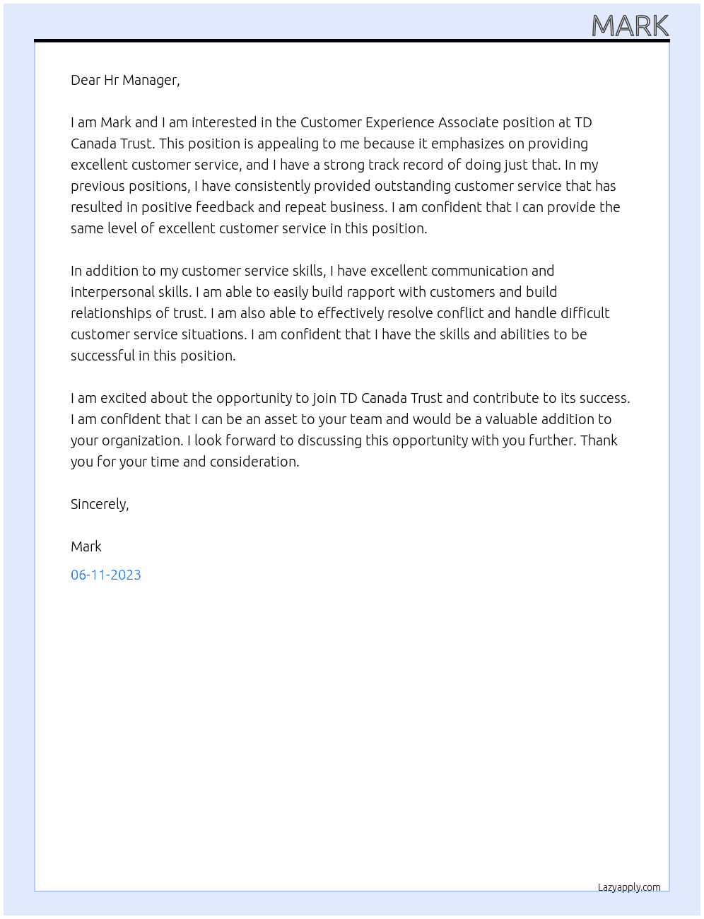 Customer Experience Associate At TD Canada Trust Cover Letter
