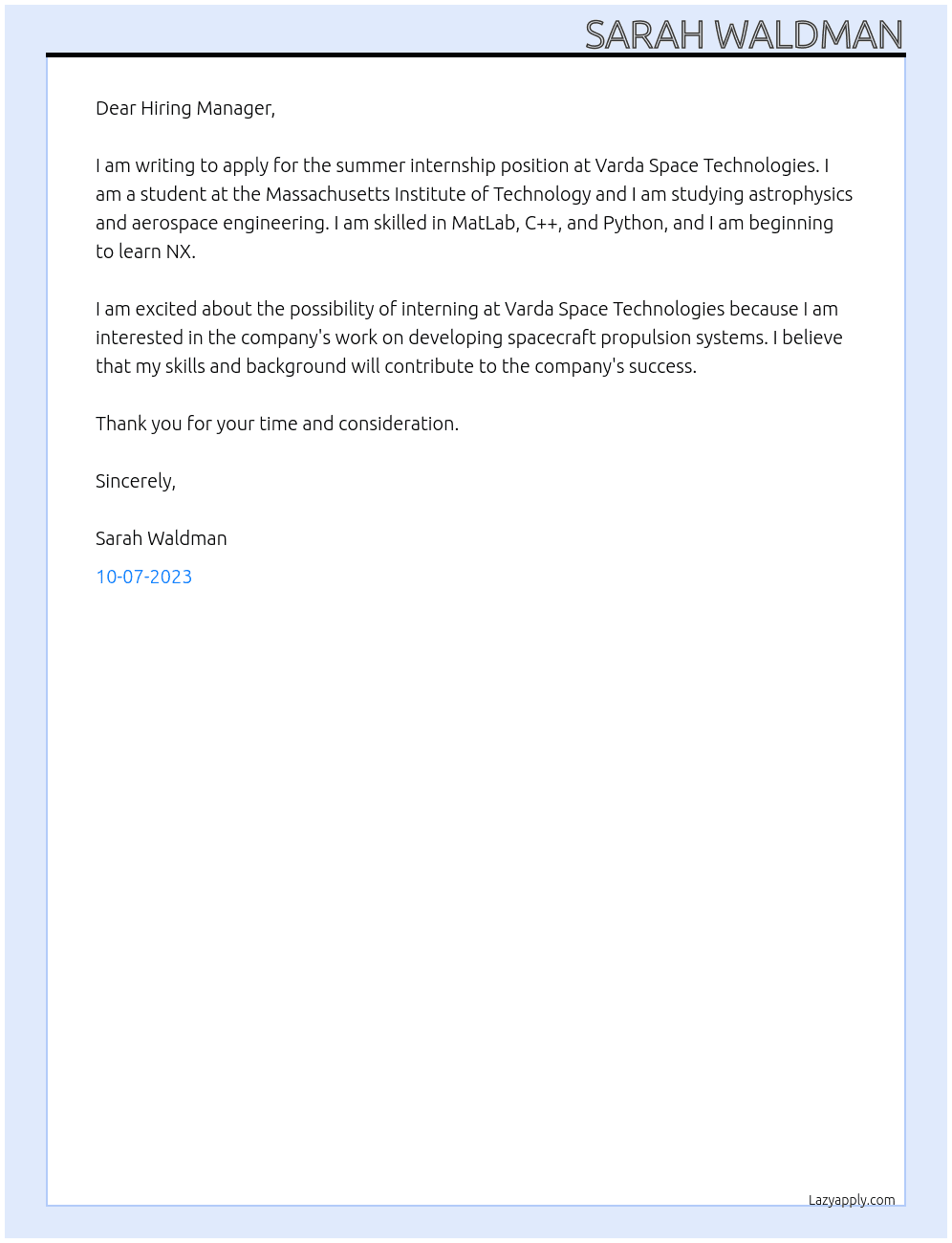 Summer internship At Varda Space Technologies Cover Letter