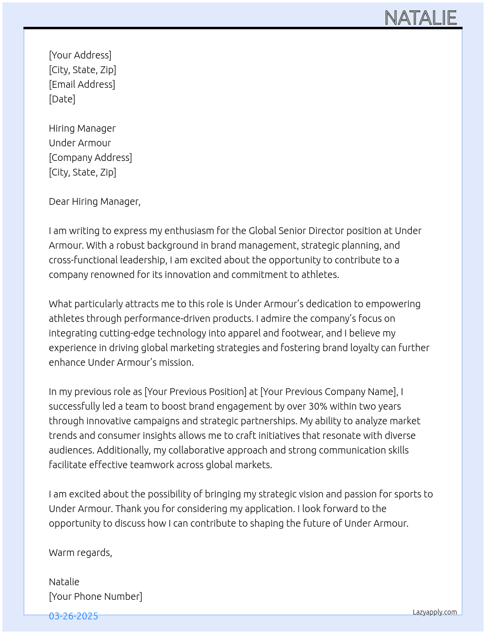 Global Senior Director  At Under Armour  Cover Letter