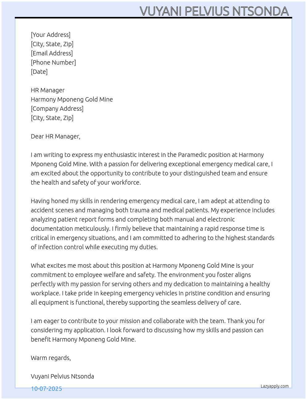 paramedic At Harmony Mponeng Gold Mine Cover Letter