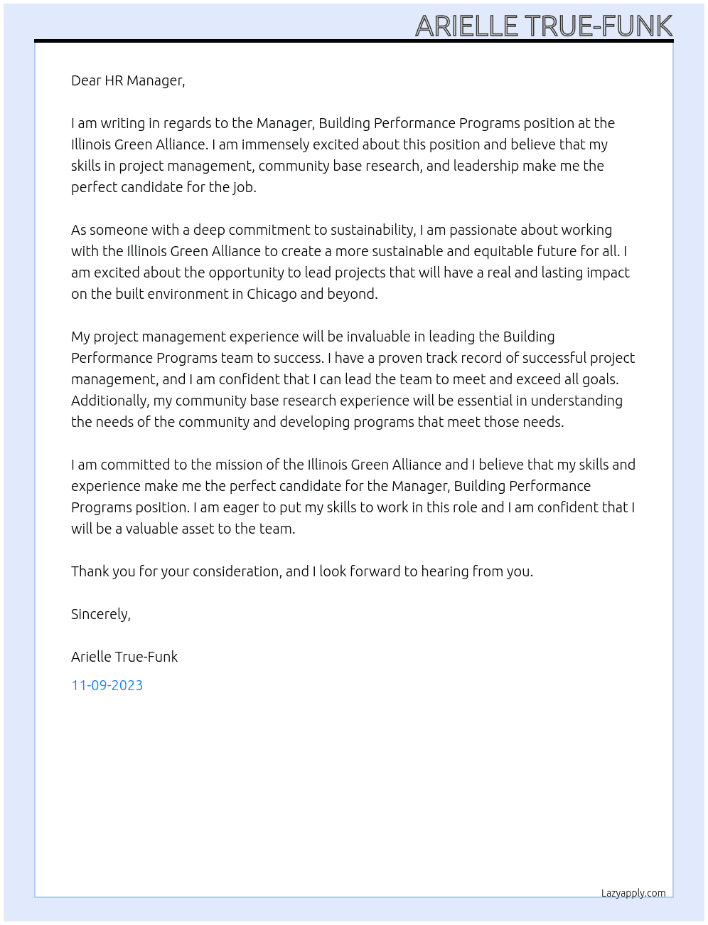 Manager, Building Performance Programs At Illinois Green Alliance Cover Letter