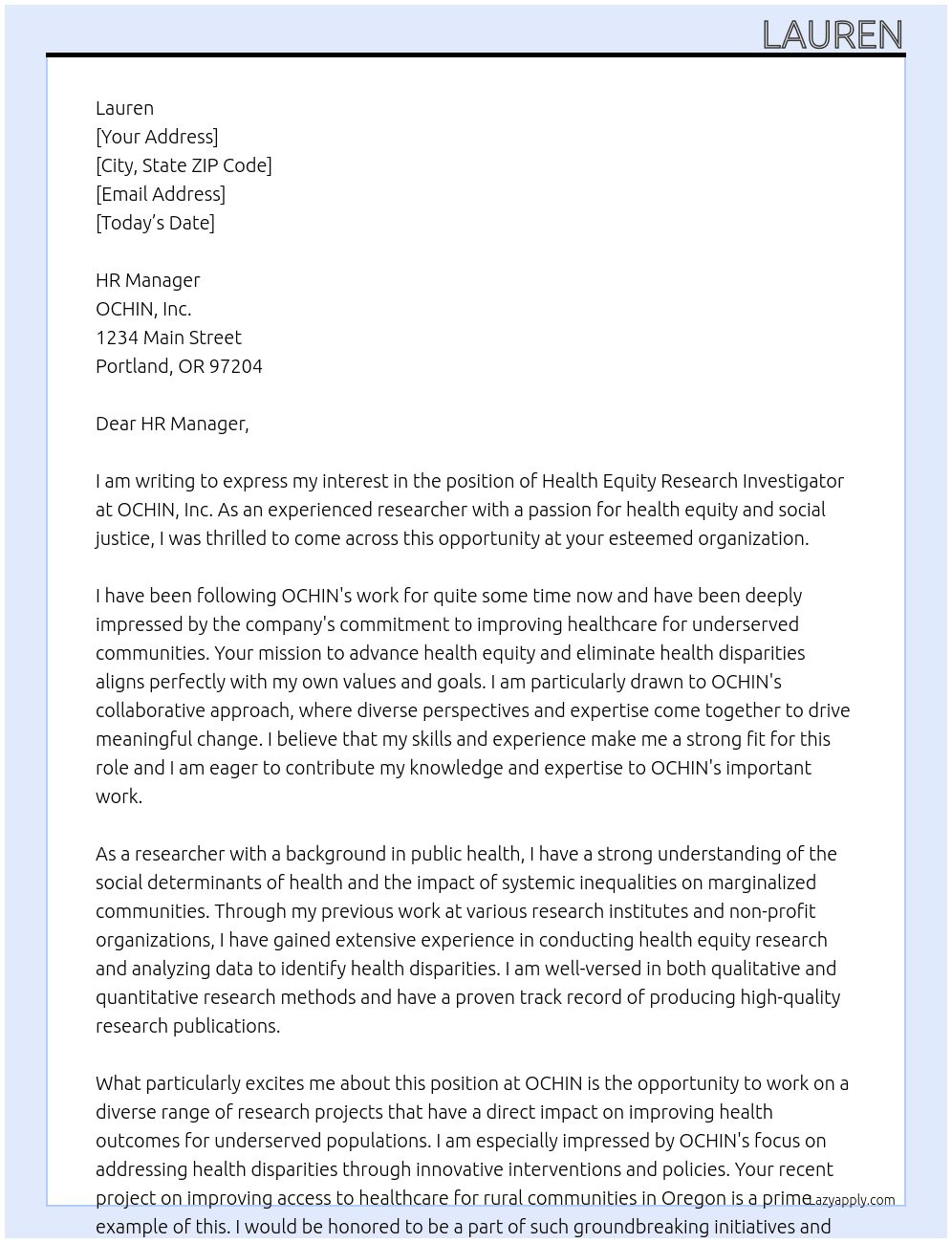 Health Equity Research Investigator At OCHIN, Inc. Cover Letter