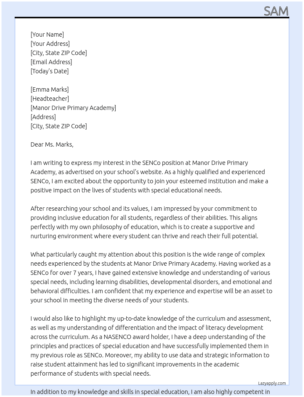 SENCo At Manor Drive Primary Academy Cover Letter