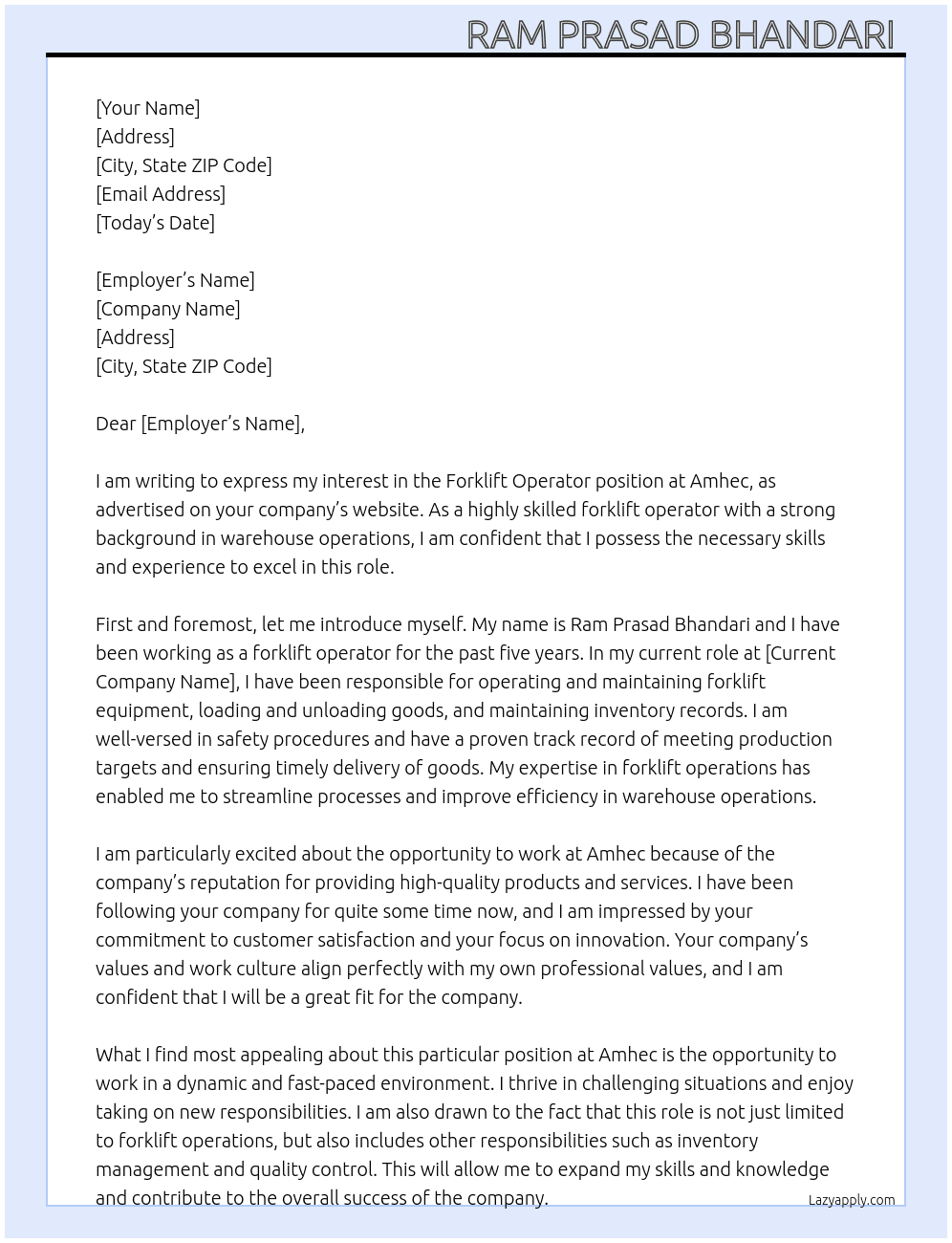 Forklifte opretar  At Amhec Cover Letter