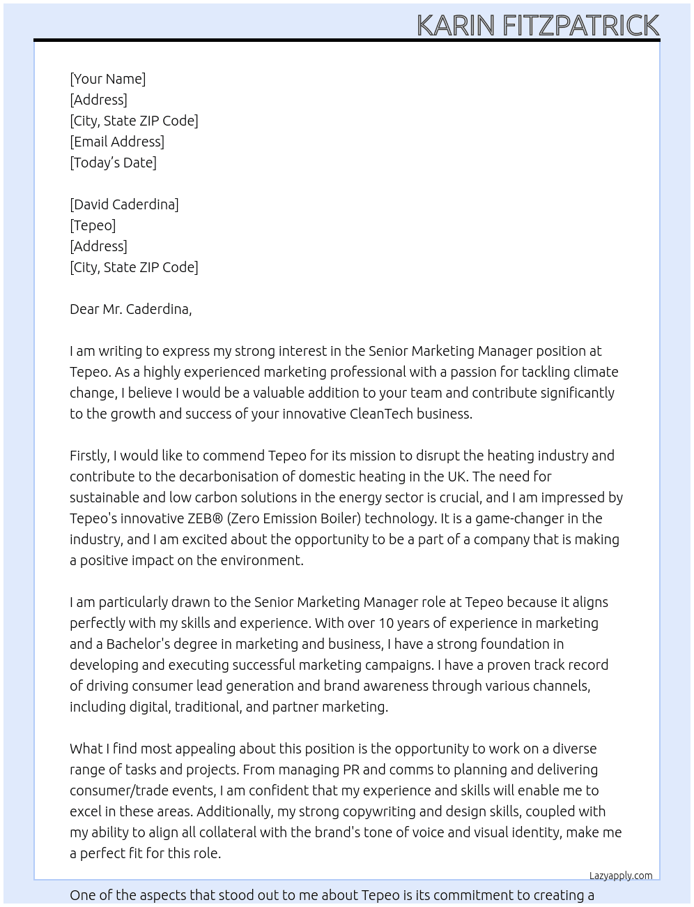 Senior Marketing Manager At Tepeo Cover Letter