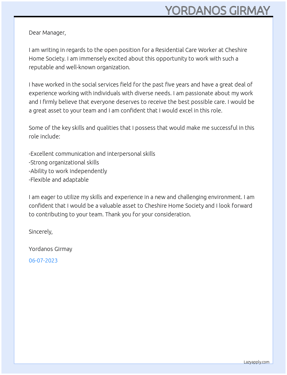 residential care worker  At Cheshire home society  bc Cover Letter