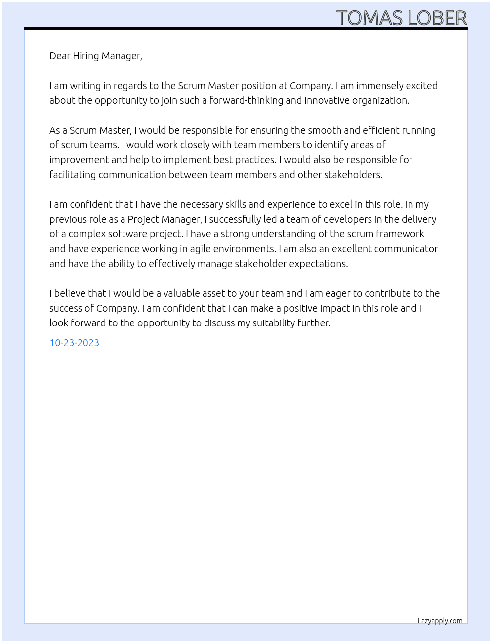 Scrum Master At Company Cover Letter