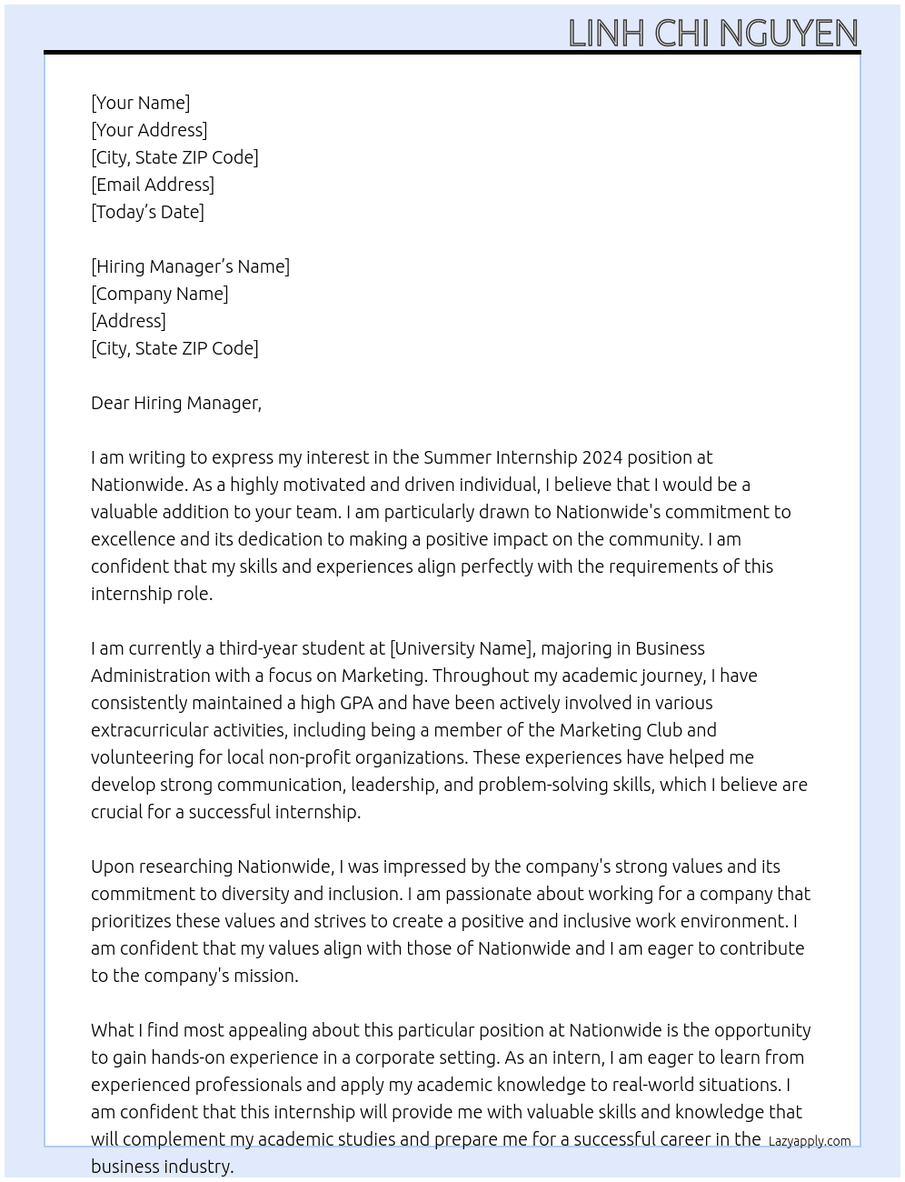 Summer Internships 2024 At Nationwide Cover Letter