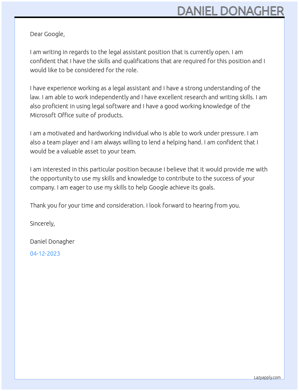 legal assistant  At google Cover Letter