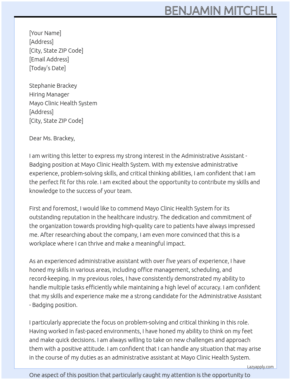 Administrative Assistant - Badging At Mayo Clinic Health System Cover Letter