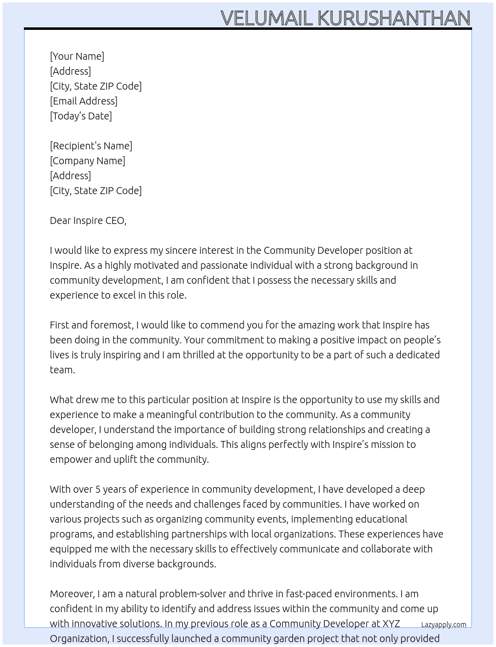 Community Developer  At Inspire Cover Letter
