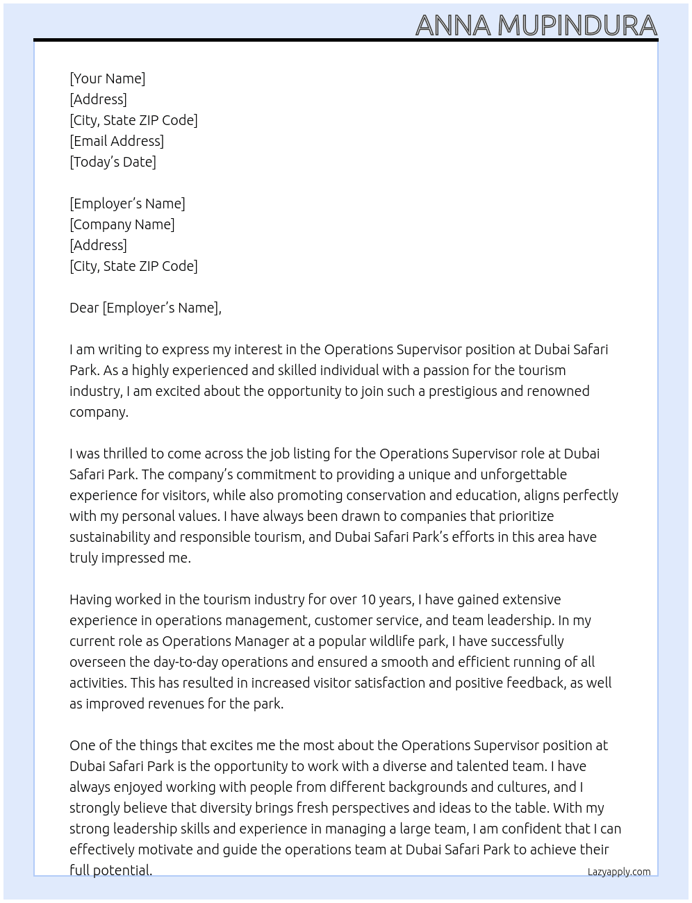 Operations supervisor  At Dubai Safari Park Cover Letter