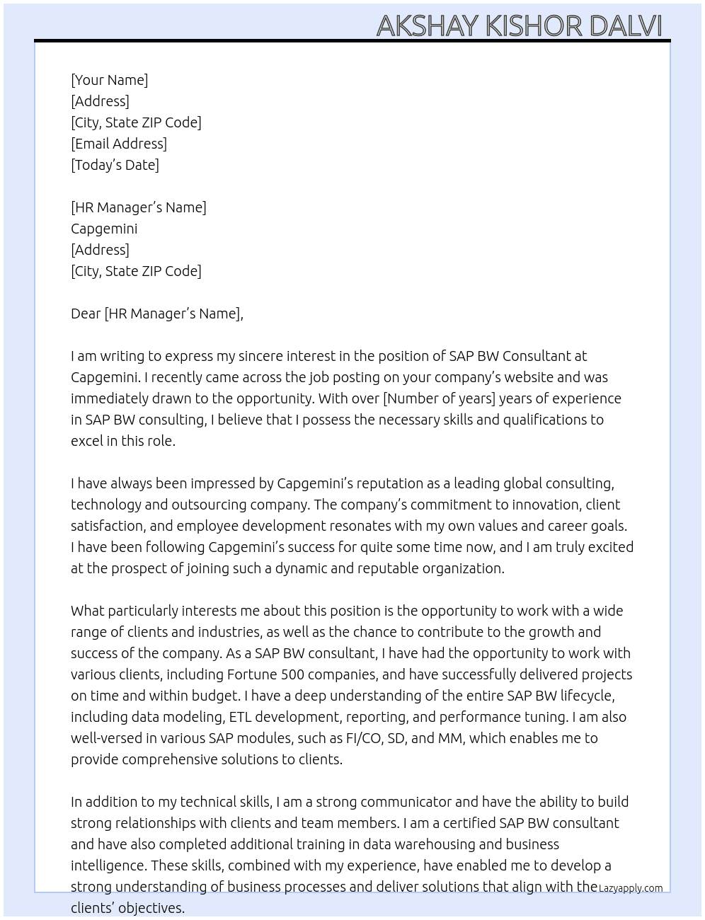 Cover letter for sap bw consulatant - LazyApply