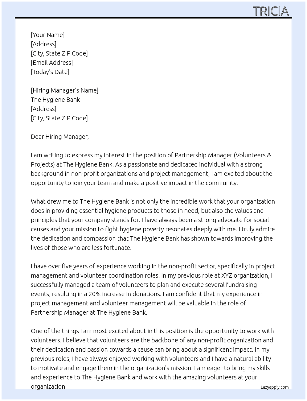 Partnership Manager (Volunteers & Projects) At The Hygiene bank Cover Letter