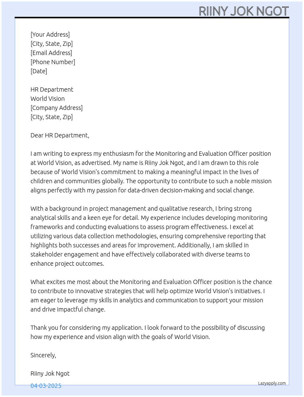 Monitoring and Evaluation officer  At World vision  Cover Letter