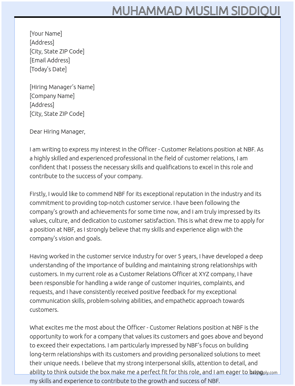 Officer - Customer Relations At NBF Cover Letter