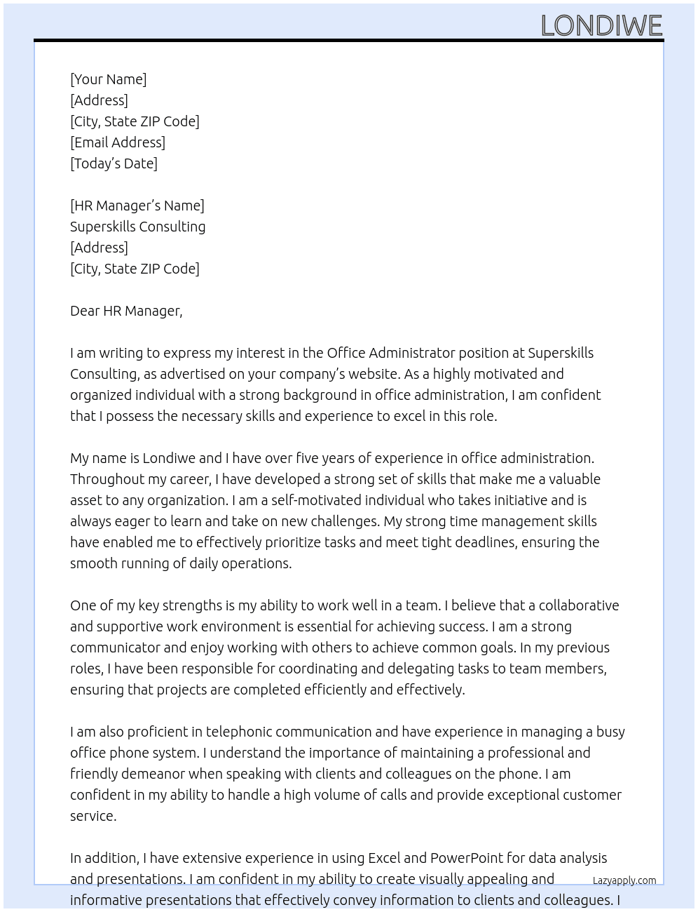 office administrator At Superskills Consulting Cover Letter