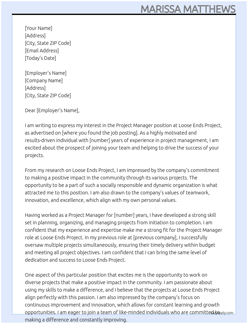 Project Manager At Loose Ends Project Cover Letter