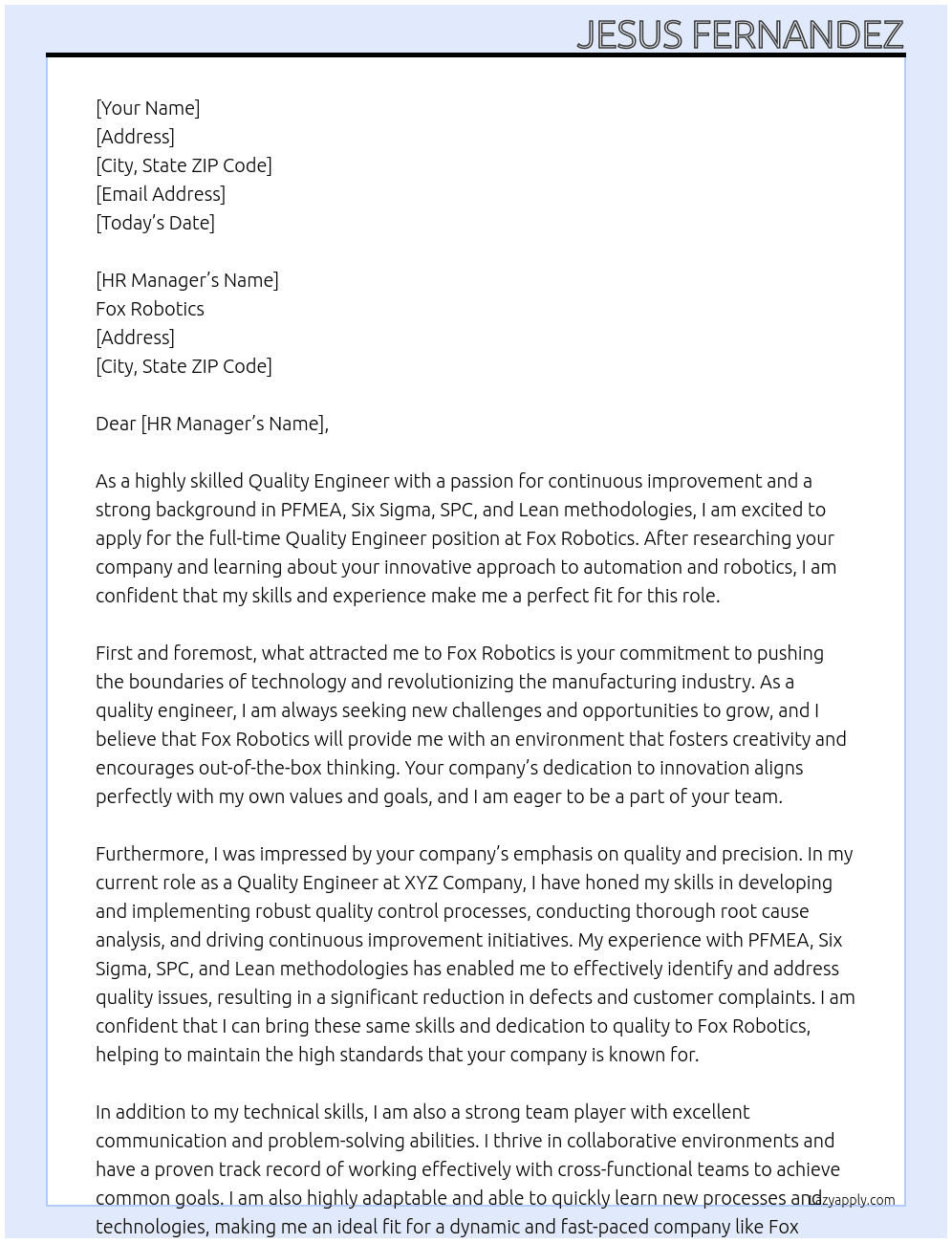 Quality Engineer At Fox Robotics Cover Letter