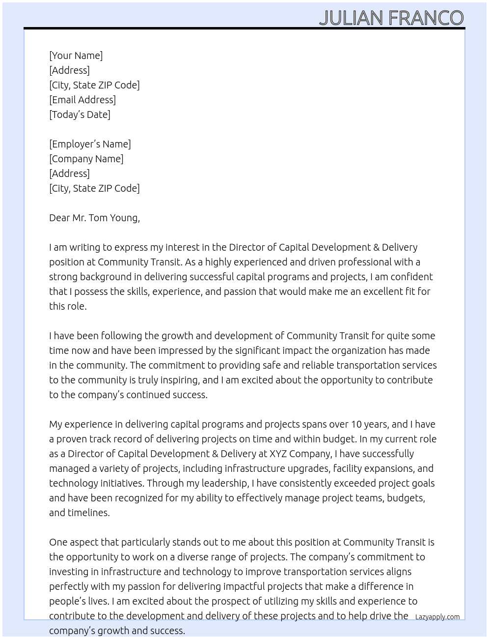 Director of Capital Development & Delivery At Community Transit Cover Letter