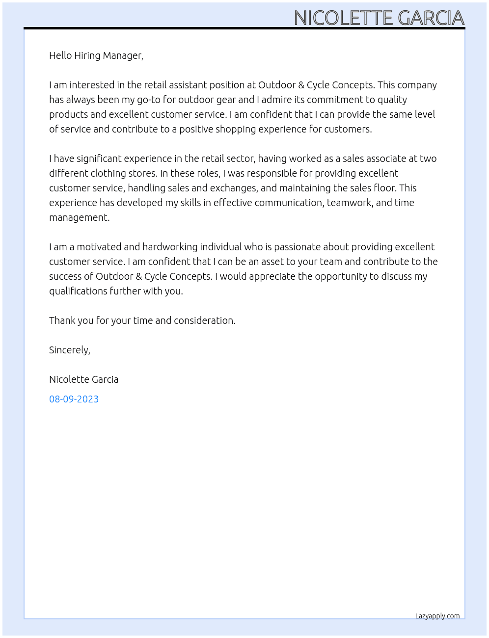 Retail assistant At Outdoor & Cycle Concepts Cover Letter