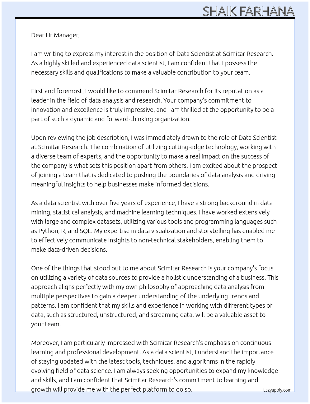 Data scientist  At Scimitar research  Cover Letter