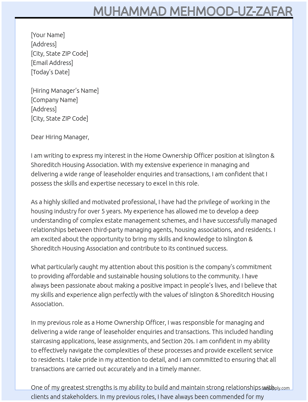 Home Ownership Officer At Islington & Shoreditch Housing Association Cover Letter