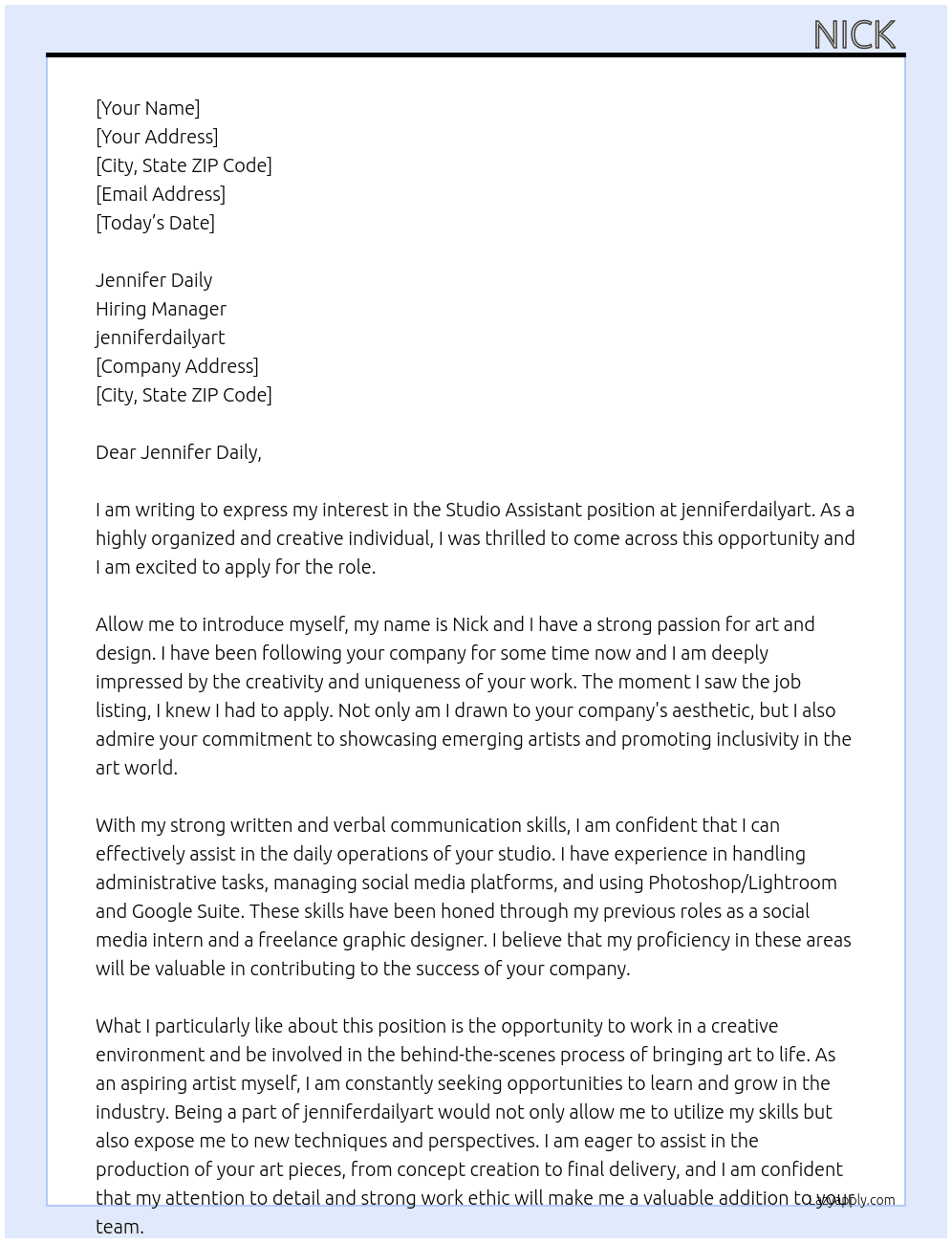 Studio Assistant At jenniferdailyart Cover Letter