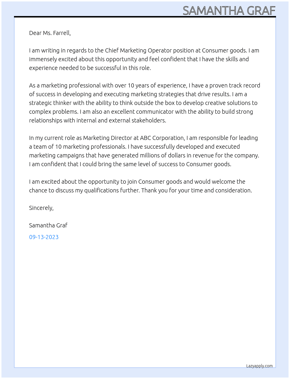 Chief Marketing Operator  At Consumer goods Cover Letter