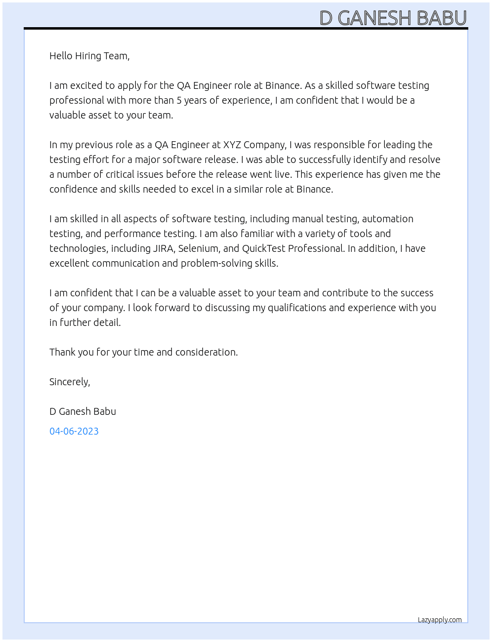 QA Engineer At Binance Cover Letter