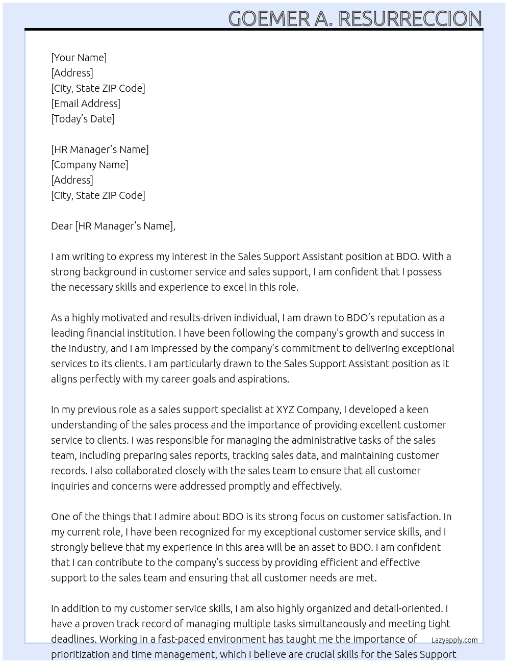 Cover letter for sales suppor assistant - LazyApply