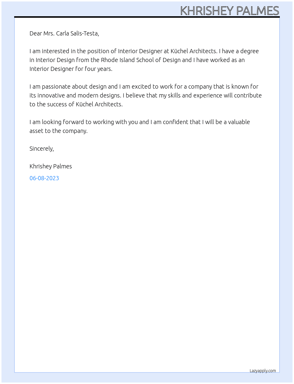 Interior Designer At Küchel Architects Cover Letter