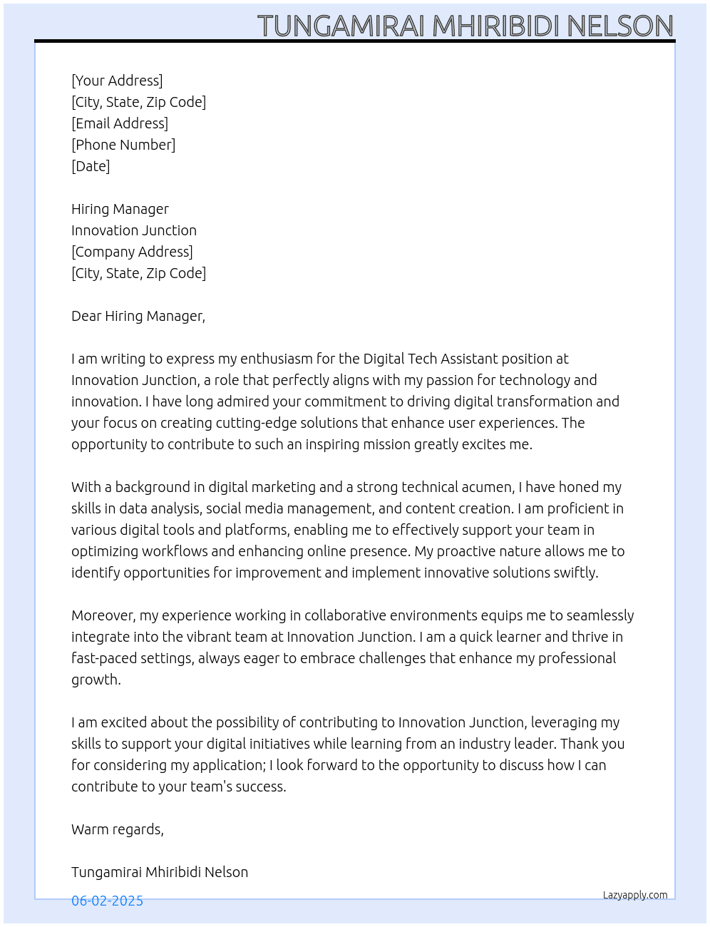 Digital Tech Assistant At Innovation Junction Cover Letter