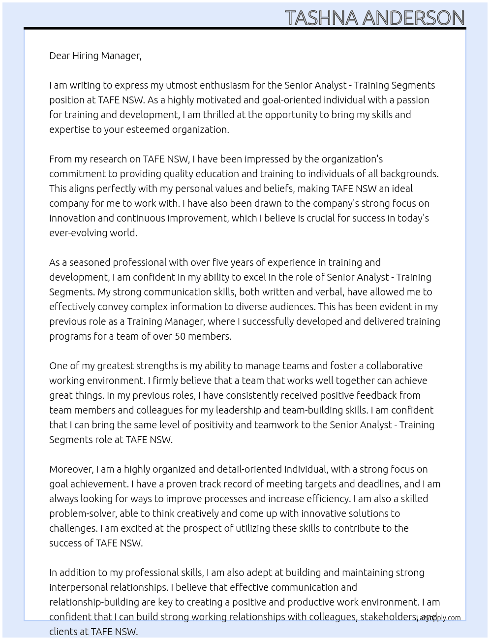 Senior Analyst - Training Segments At TAFE NSW Cover Letter