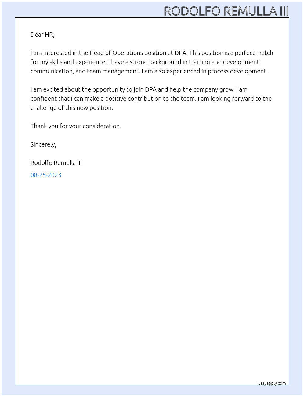 Head of Operations At DPA Cover Letter