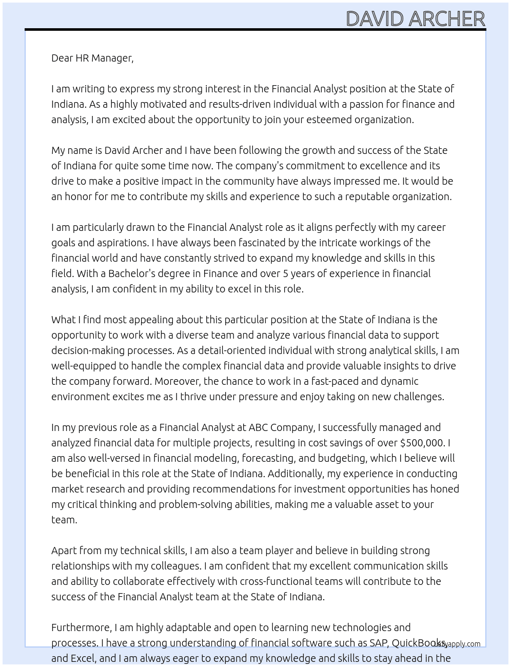 Financial Analyst At State of Indiana Cover Letter