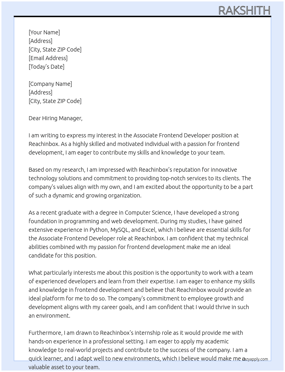 Associate - Frontend developer  At Reachinbox Cover Letter