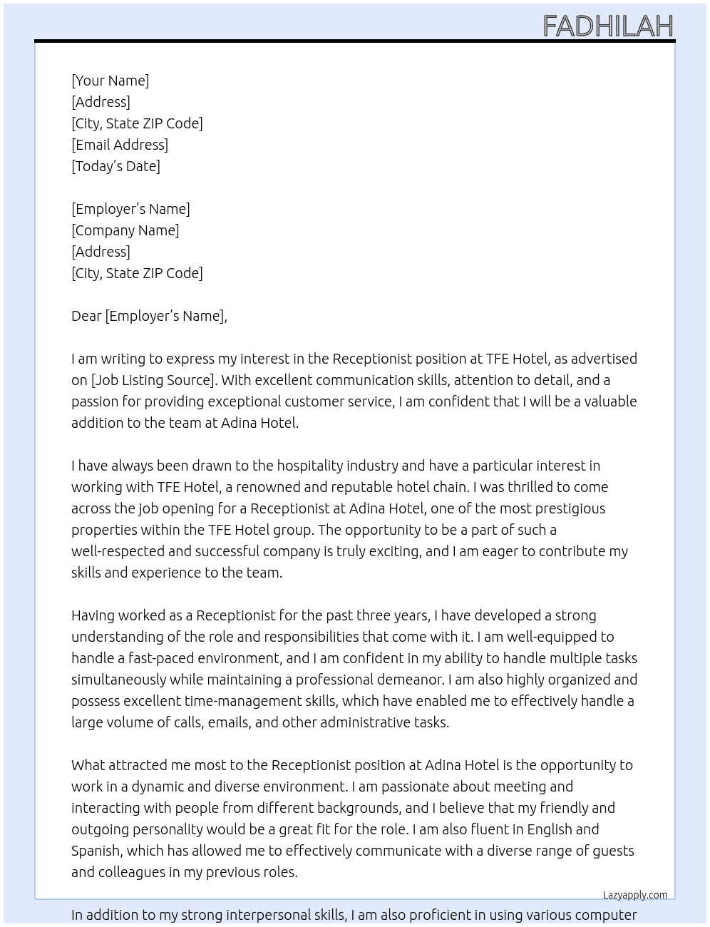 Receptionist At Adina Hotel Cover Letter