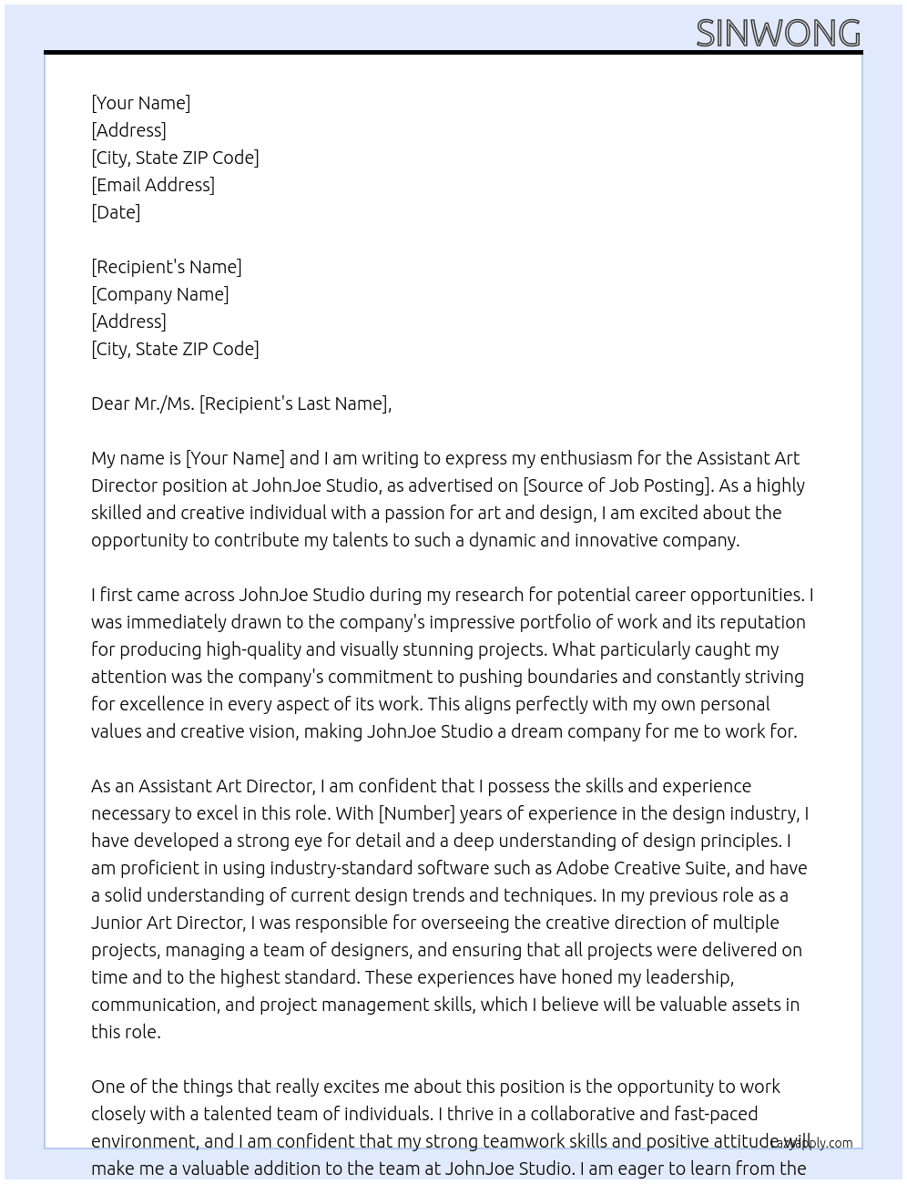 Assistant art director At JohnJoe Studio Cover Letter