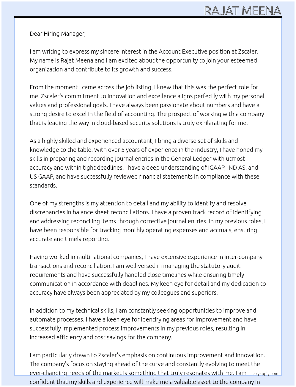 Account Executive At Zscaler Cover Letter