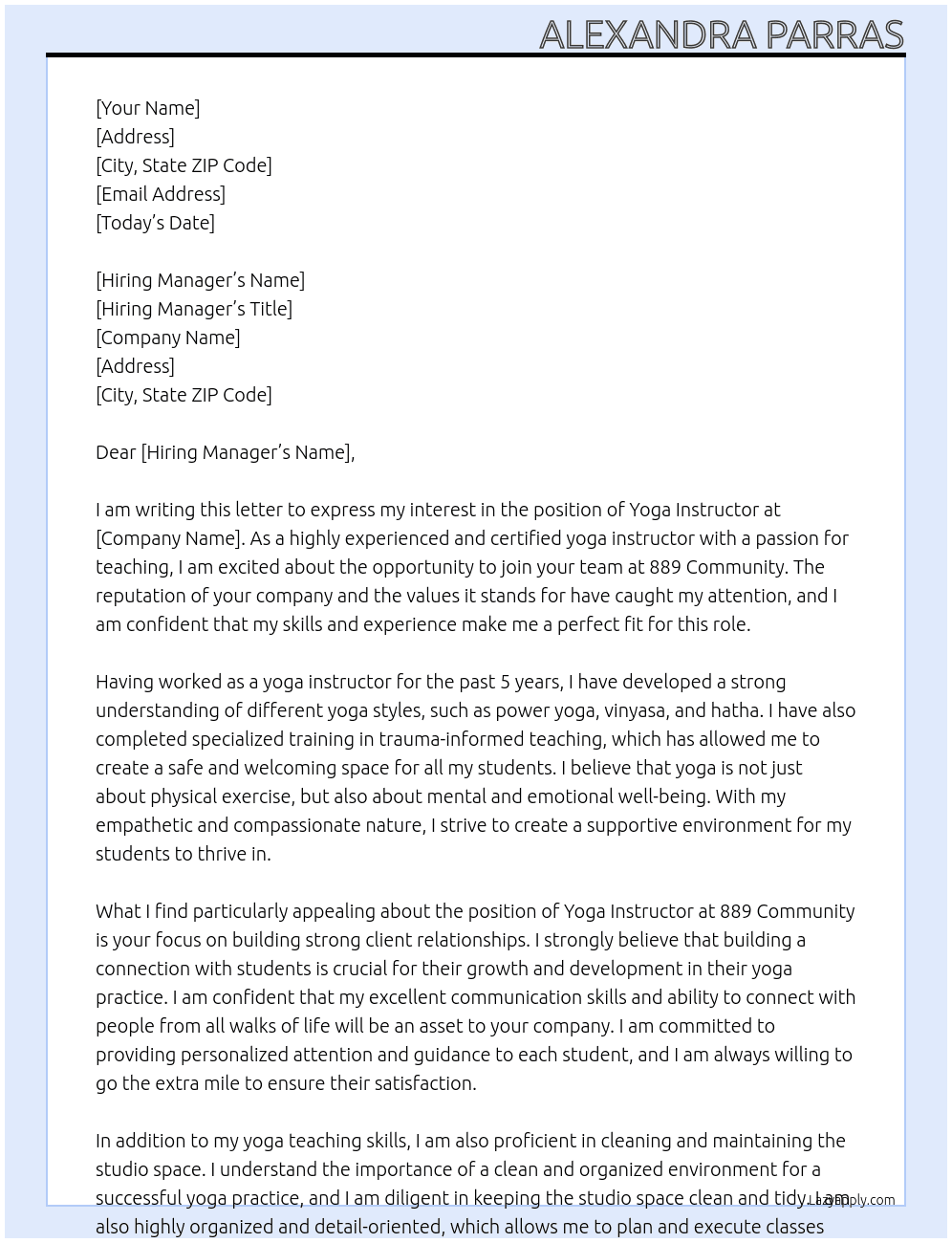 Yoga Instructor At 889 Community Cover Letter