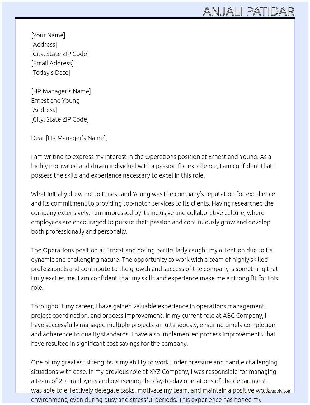 Operations  At Ernest and Young  Cover Letter