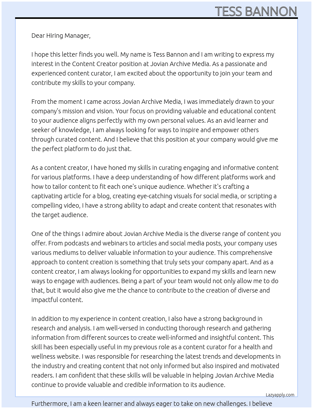 Content Creator At Jovian Archive Media Cover Letter