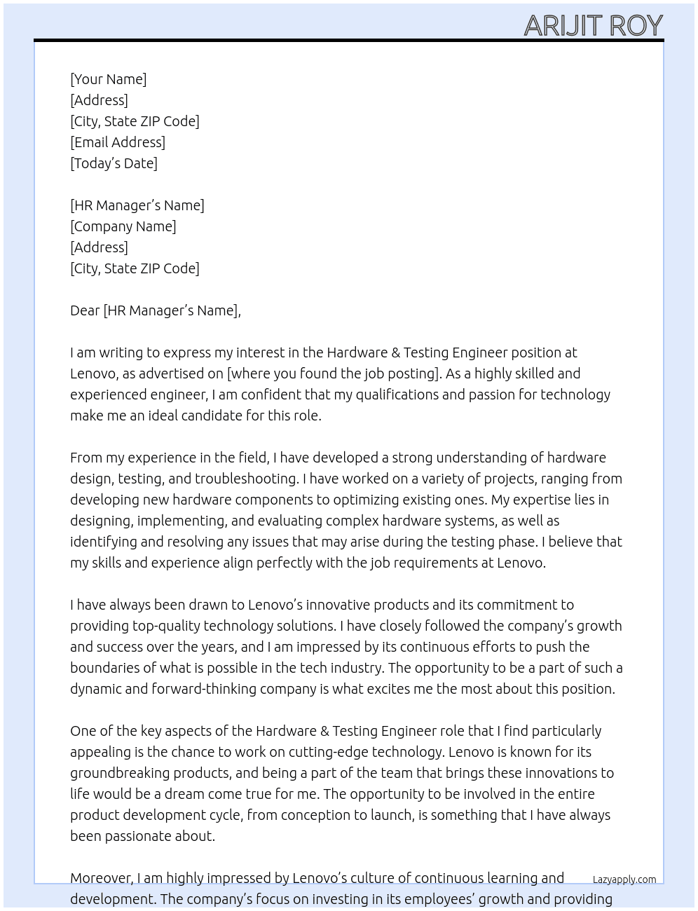 Hardware & Testing Engineer At lenovo Cover Letter