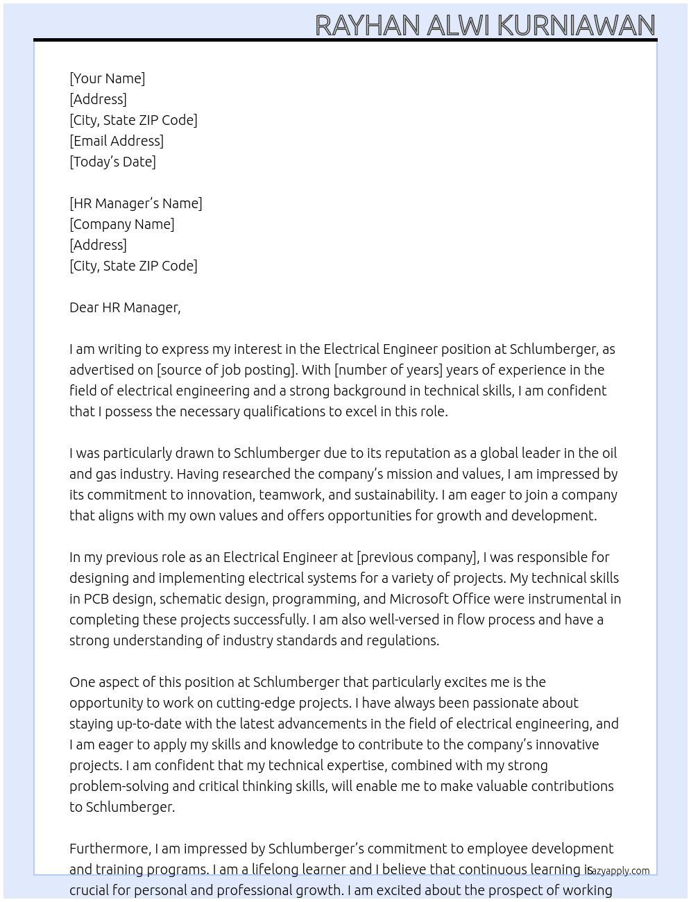 Electrical Engineer At Schlumberger Cover Letter