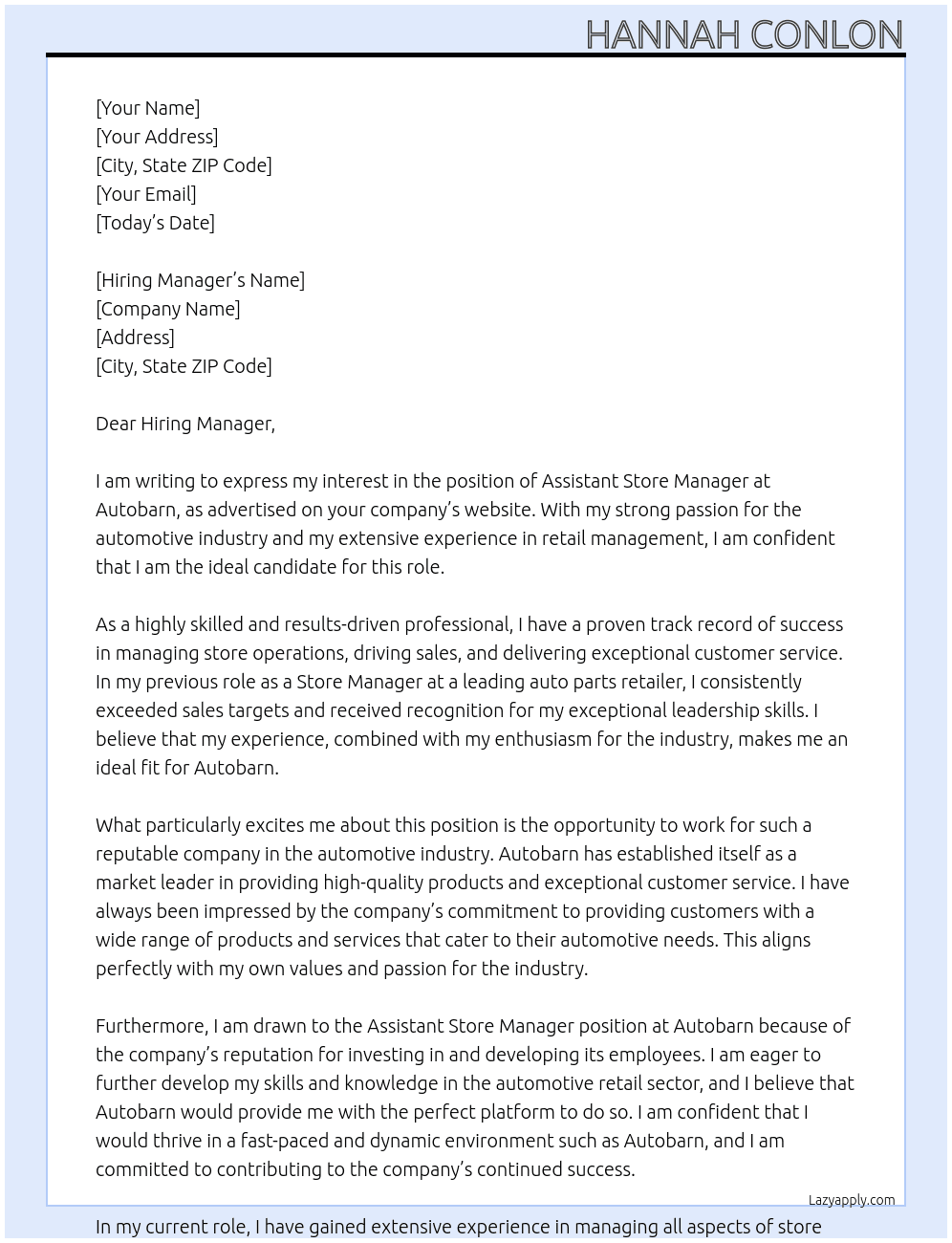 Assistant StoreAssistant Store Manager At autobarn Cover Letter