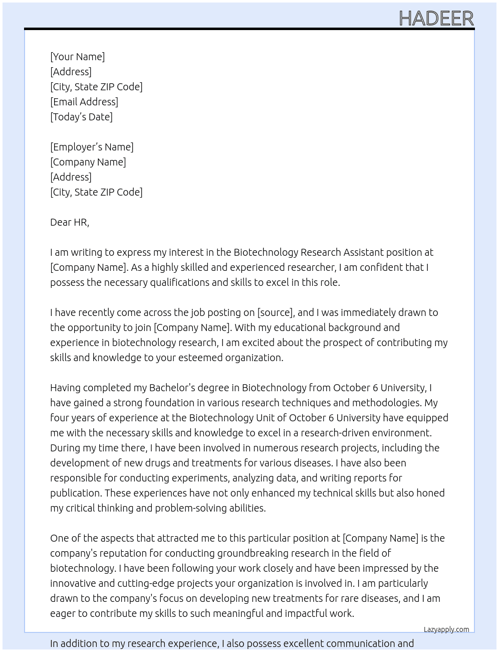 Biotechnology research assistant At research center Cover Letter