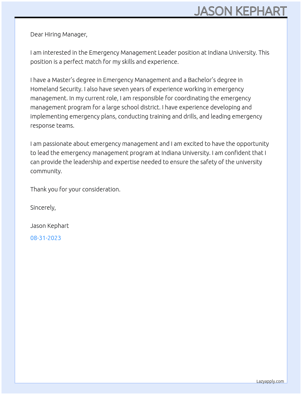 Emergency Management Leader At Indiana University Cover Letter