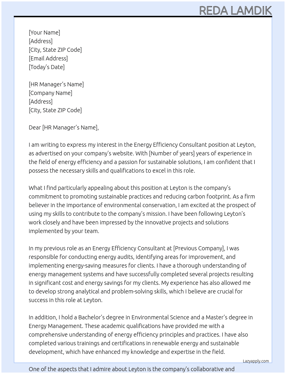 Energy Efficiency Consultant At Leyton Cover Letter
