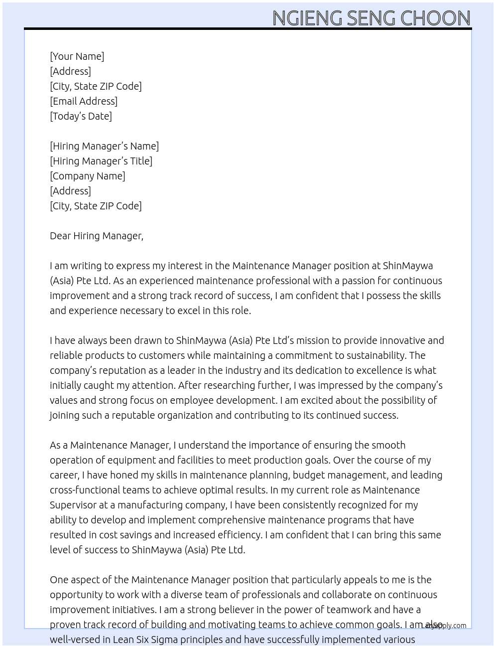Maintenance Manager At ShinMaywa (Asia) Pte Ltd Cover Letter